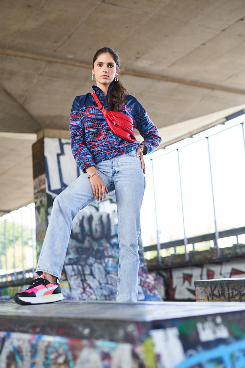 Knipmode magazine styling - Colorful knit sweater street style